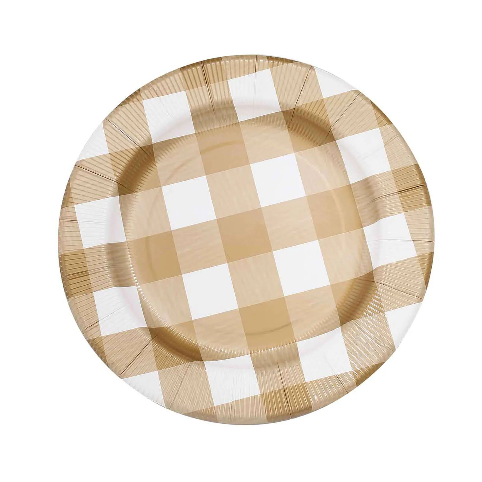 10 Pack Gold / White Buffalo Plaid Disposable Serving Trays, Round Checkered Sunray Cardboard Charger Plates 350 GSM 13"