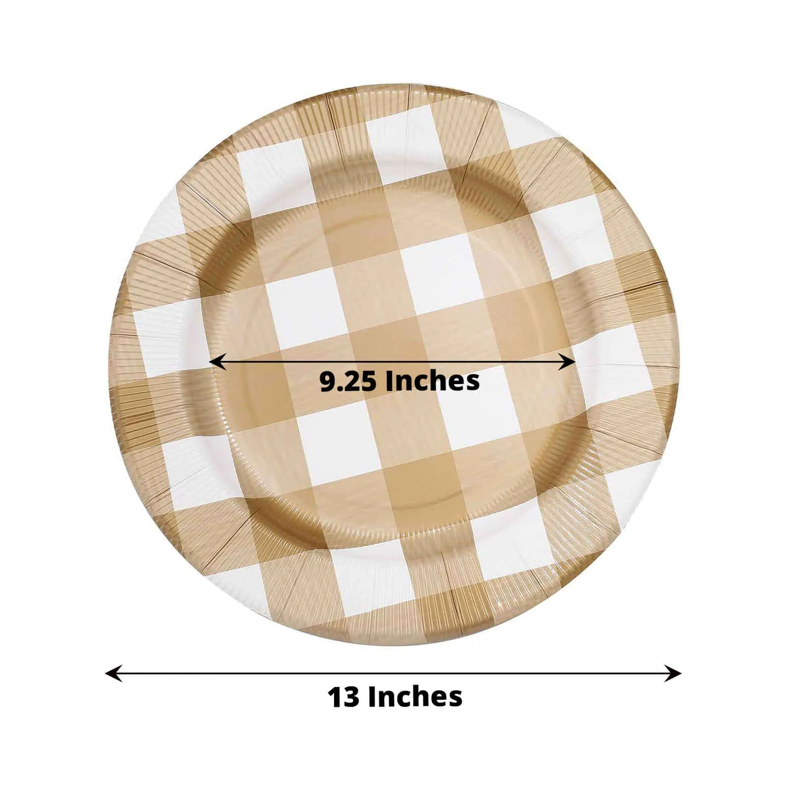 10 Pack Gold / White Buffalo Plaid Disposable Serving Trays, Round Checkered Sunray Cardboard Charger Plates 350 GSM 13"