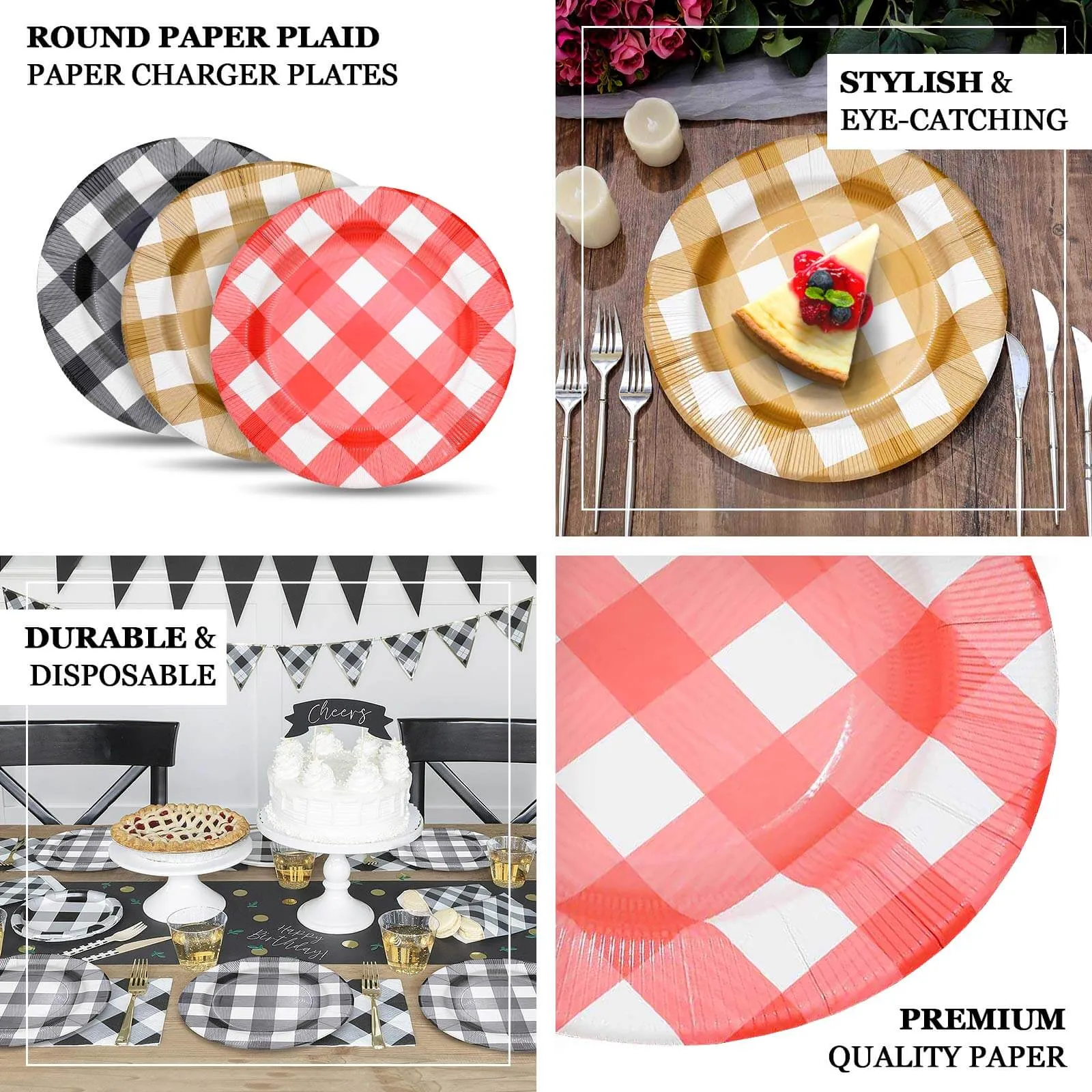 10 Pack Gold / White Buffalo Plaid Disposable Serving Trays, Round Checkered Sunray Cardboard Charger Plates 350 GSM 13"