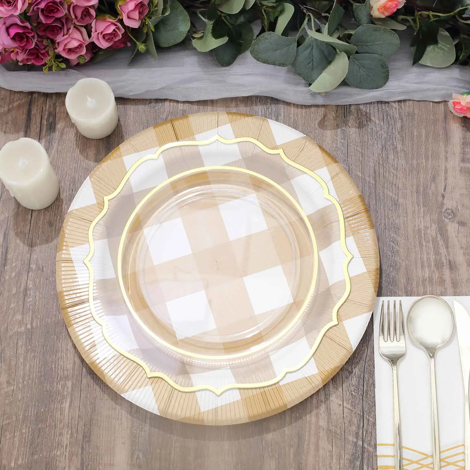 10 Pack Gold / White Buffalo Plaid Disposable Serving Trays, Round Checkered Sunray Cardboard Charger Plates 350 GSM 13"