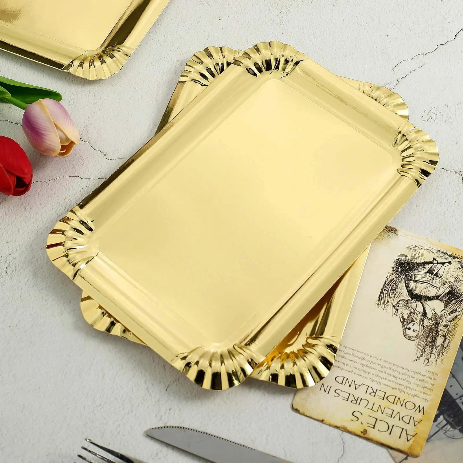 10 Pack Metallic Gold Paper Cardboard Serving Trays, Rectangle Party Platters With Scalloped Rim 400 GSM 9"
