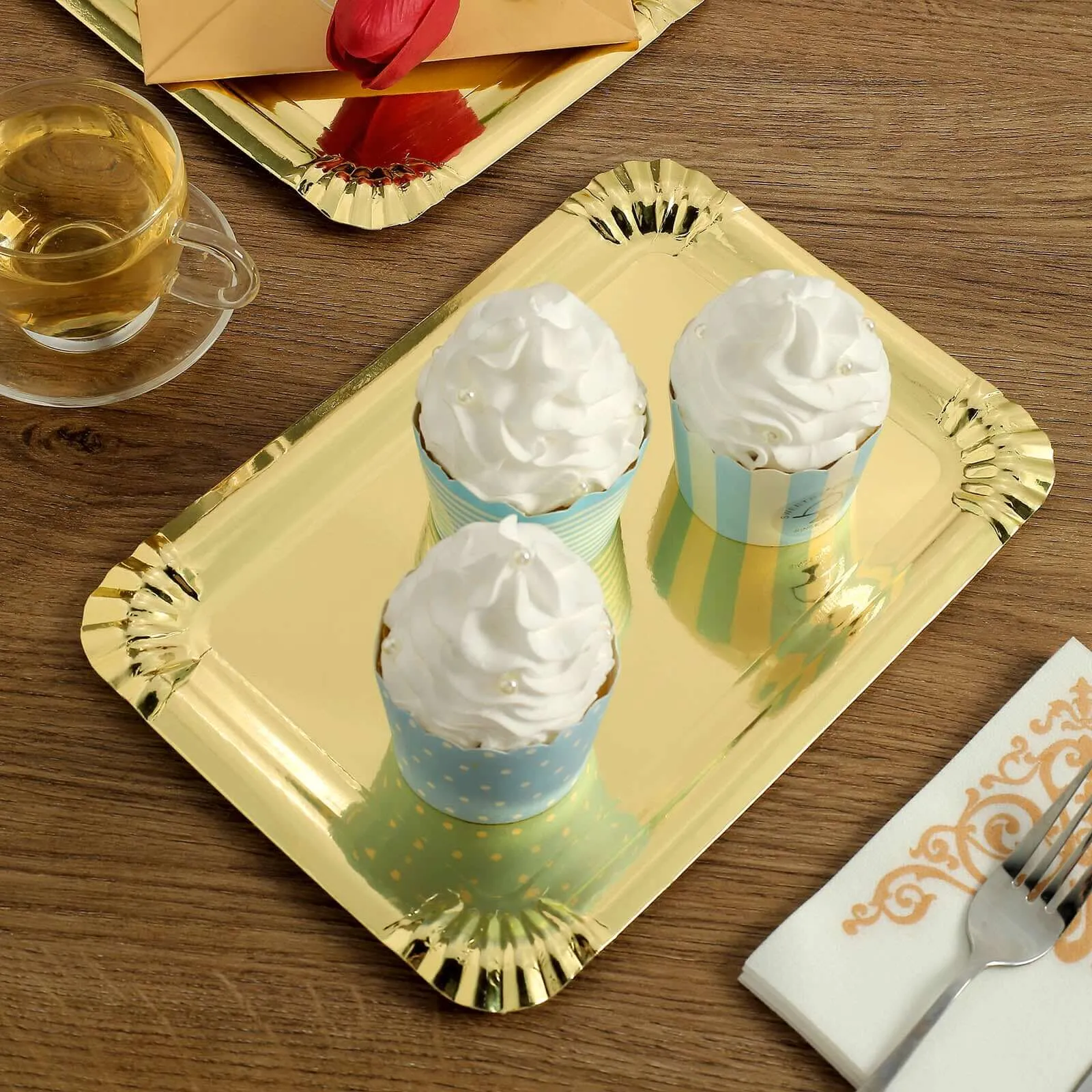 10 Pack Metallic Gold Paper Cardboard Serving Trays, Rectangle Party Platters With Scalloped Rim 400 GSM 9"