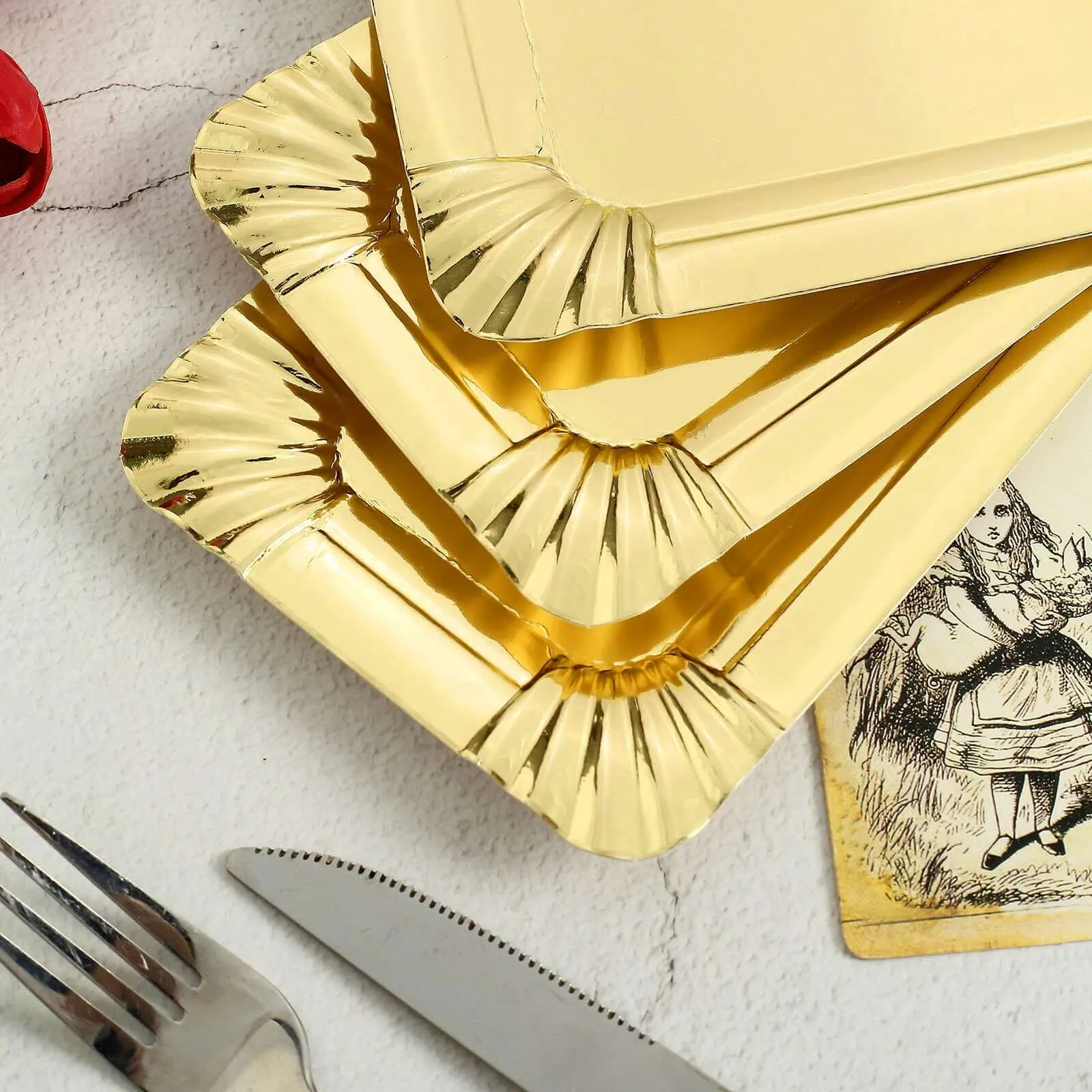 10 Pack Metallic Gold Small Paper Cardboard Serving Trays, Rectangle Party Platters With Scalloped Rim 400 GSM 6"