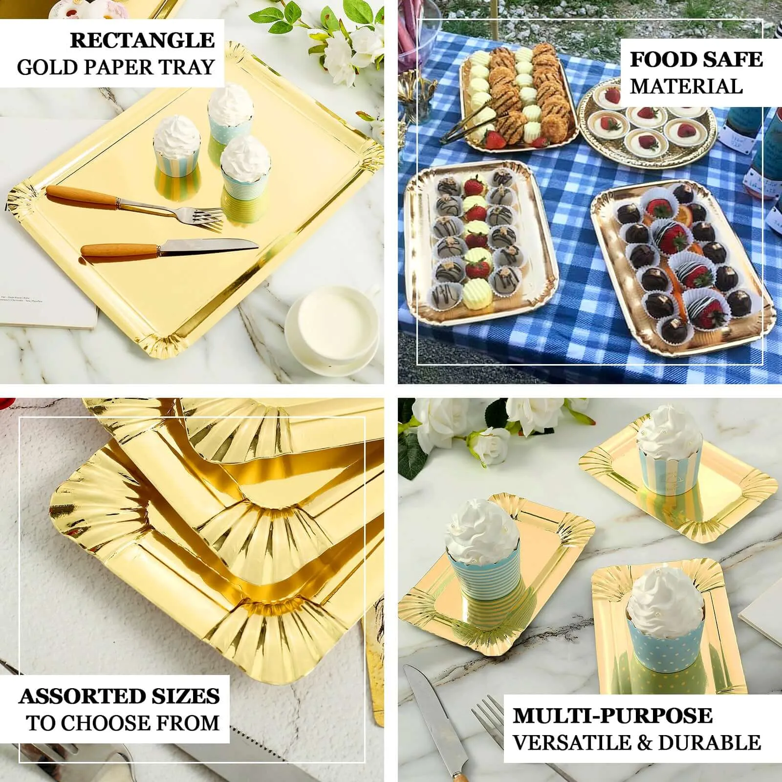 10 Pack Metallic Gold Small Paper Cardboard Serving Trays, Rectangle Party Platters With Scalloped Rim 400 GSM 6"