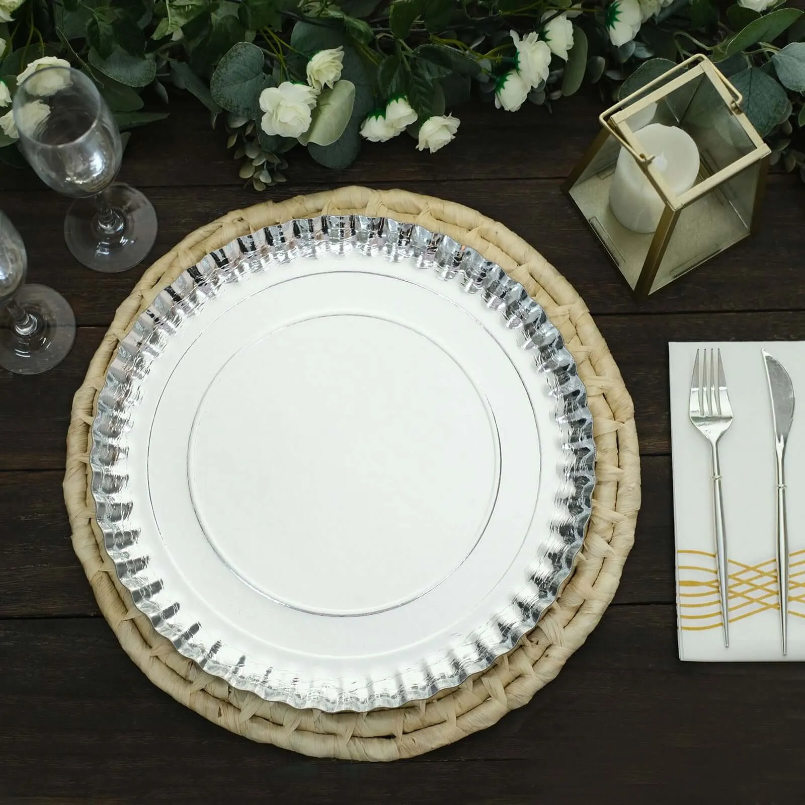 10 Pack Scallop Rim Cardboard Serving Trays, Charger Plates Silver 13", Disposable Round - 1100 GSM