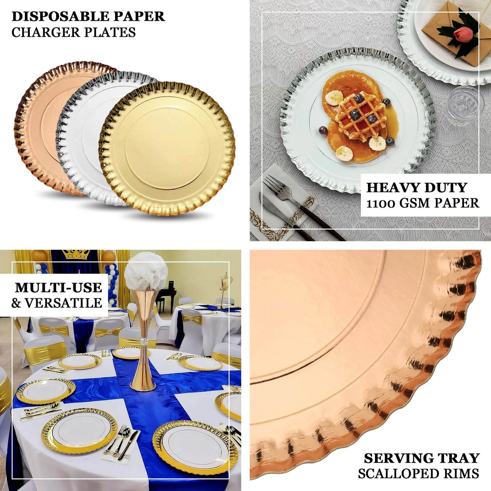 10 Pack Scallop Rim Cardboard Serving Trays, Charger Plates Silver 13", Disposable Round - 1100 GSM
