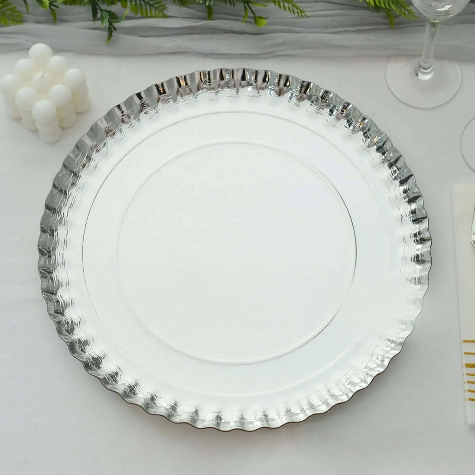 10 Pack Scallop Rim Cardboard Serving Trays, Charger Plates Silver 13", Disposable Round - 1100 GSM