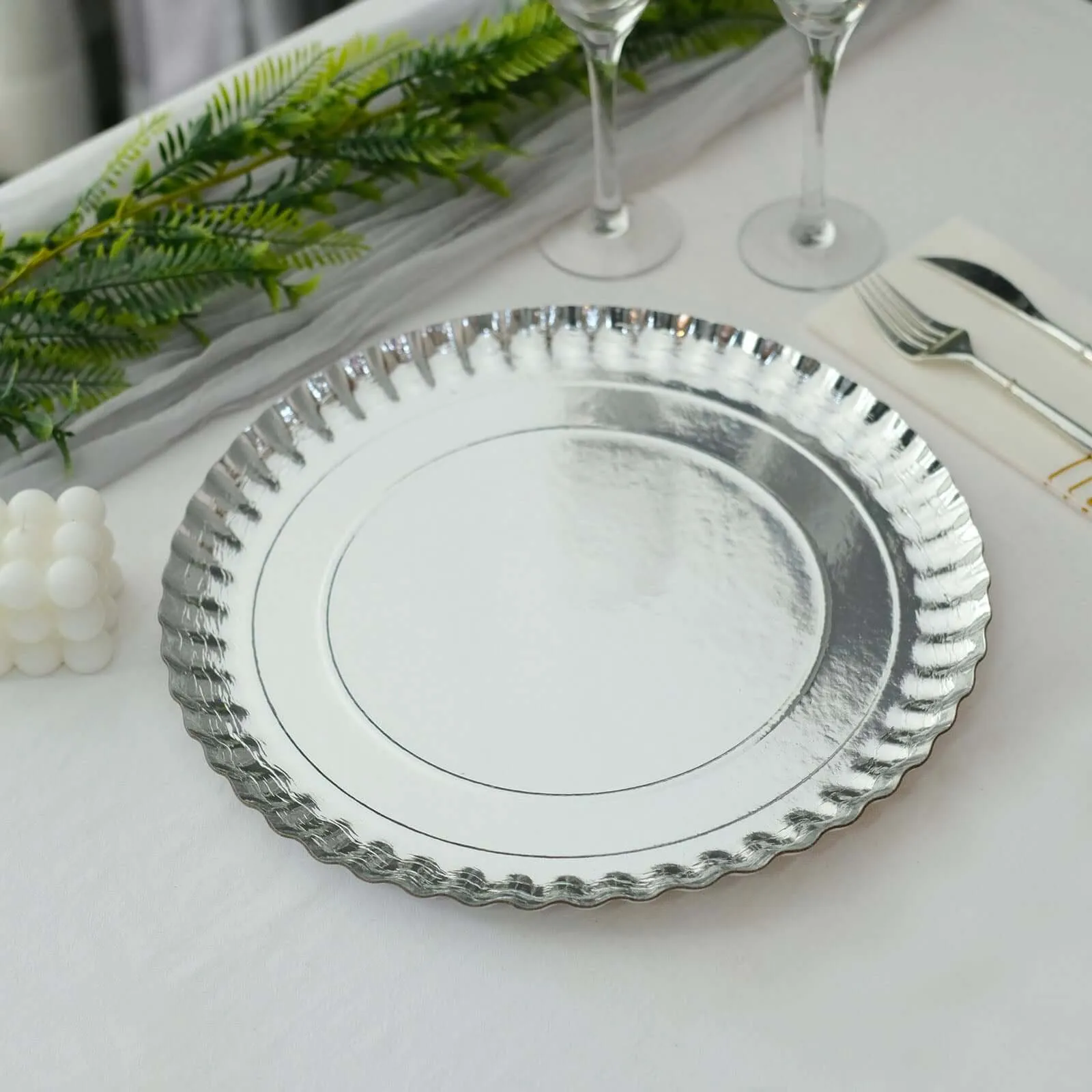 10 Pack Scallop Rim Cardboard Serving Trays, Charger Plates Silver 13", Disposable Round - 1100 GSM