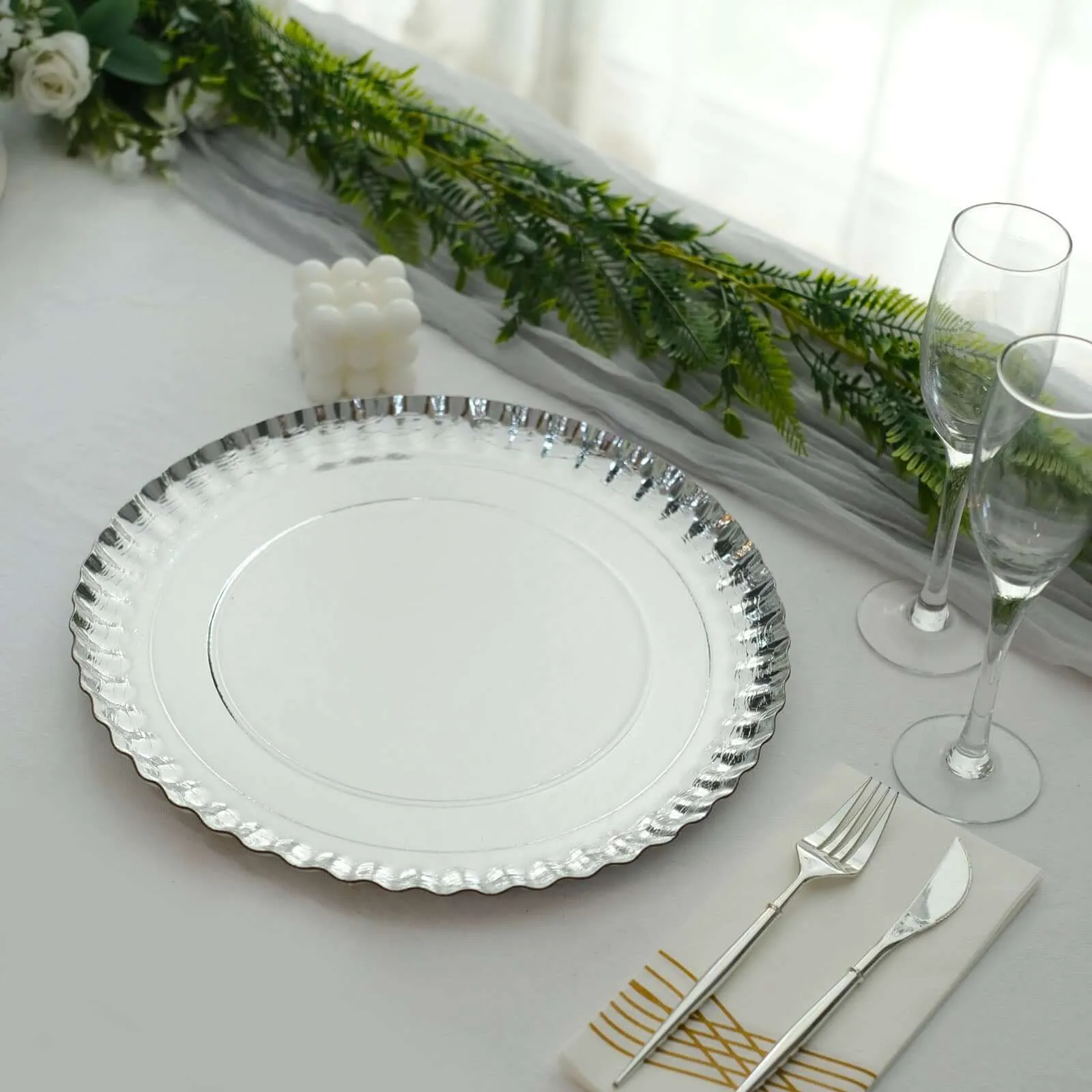 10 Pack Scallop Rim Cardboard Serving Trays, Charger Plates Silver 13", Disposable Round - 1100 GSM