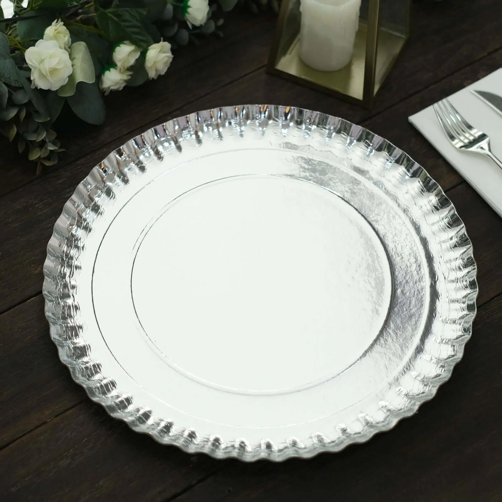 10 Pack Scallop Rim Cardboard Serving Trays, Charger Plates Silver 13", Disposable Round - 1100 GSM
