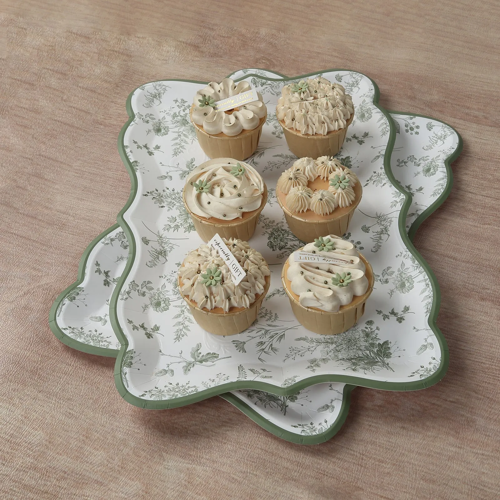 10 Pack White Sage Green Paper Serving Trays with French Toile Pattern, 400 GSM Disposable Rectangular Party Platters - 14"x10"