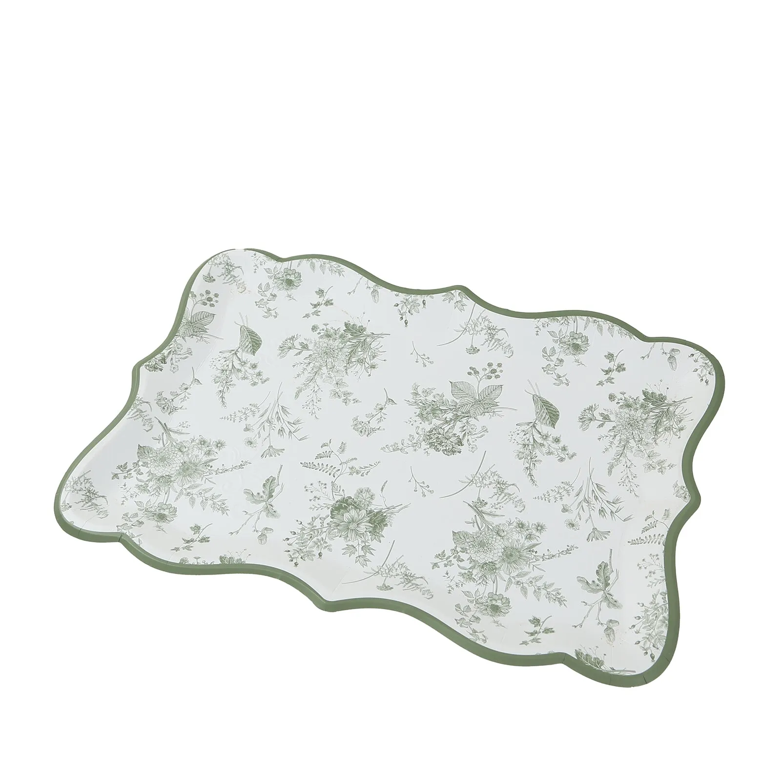 10 Pack White Sage Green Paper Serving Trays with French Toile Pattern, 400 GSM Disposable Rectangular Party Platters - 14"x10"