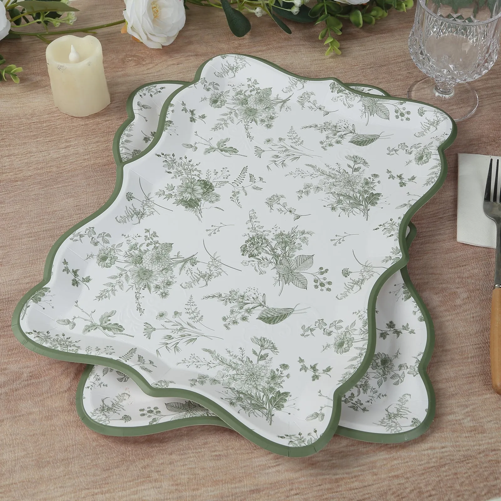 10 Pack White Sage Green Paper Serving Trays with French Toile Pattern, 400 GSM Disposable Rectangular Party Platters - 14"x10"