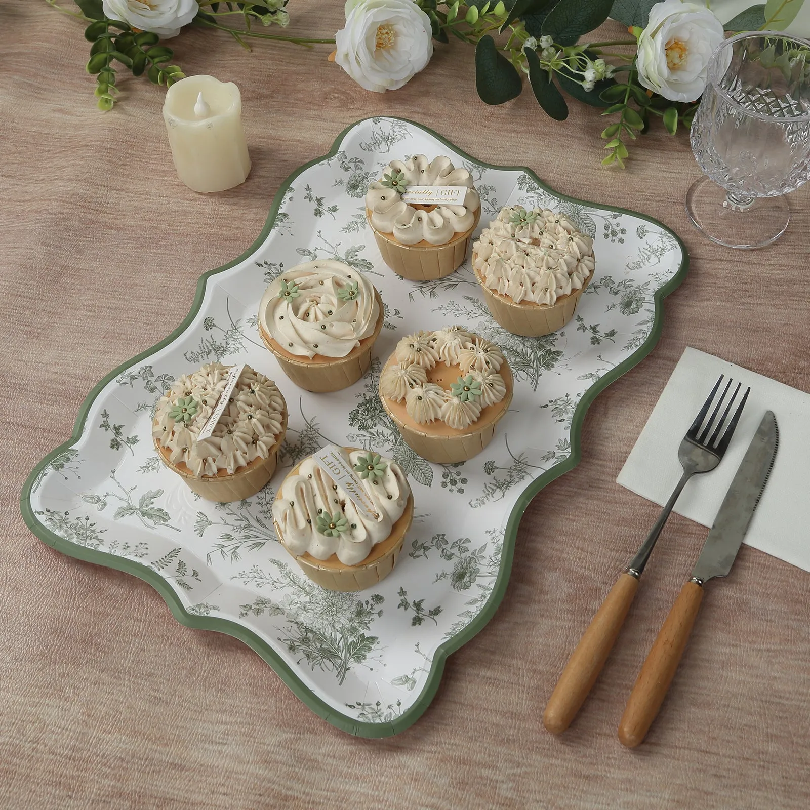 10 Pack White Sage Green Paper Serving Trays with French Toile Pattern, 400 GSM Disposable Rectangular Party Platters - 14"x10"