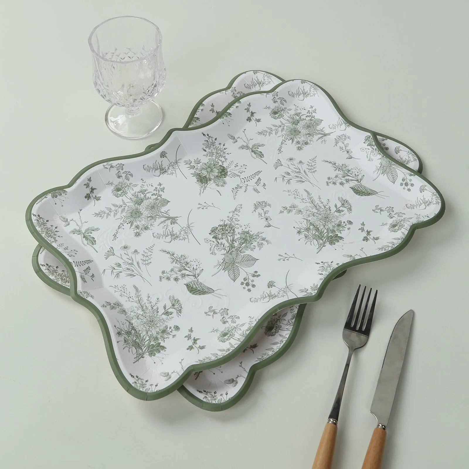 10 Pack White Sage Green Paper Serving Trays with French Toile Pattern, 400 GSM Disposable Rectangular Party Platters - 14"x10"