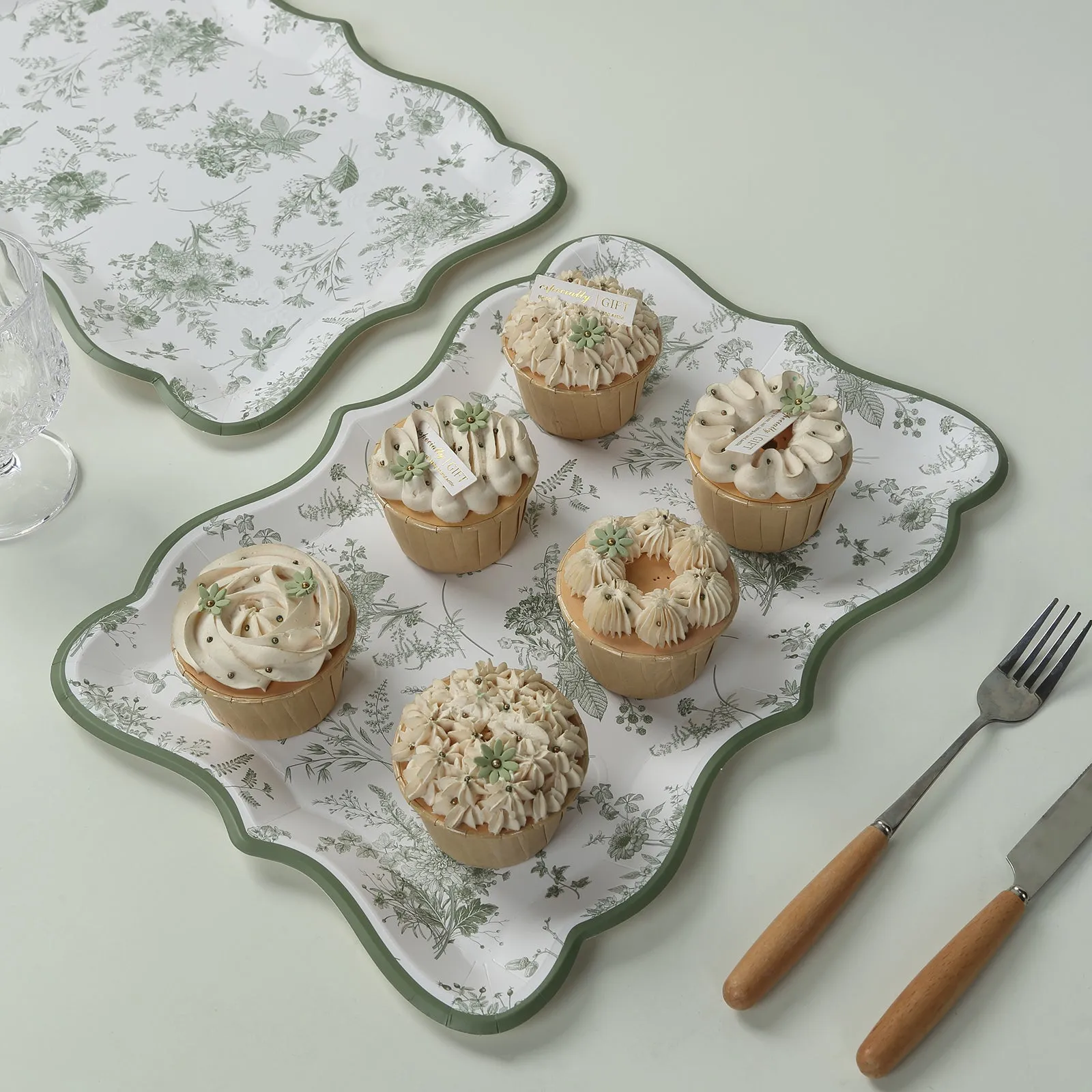 10 Pack White Sage Green Paper Serving Trays with French Toile Pattern, 400 GSM Disposable Rectangular Party Platters - 14"x10"