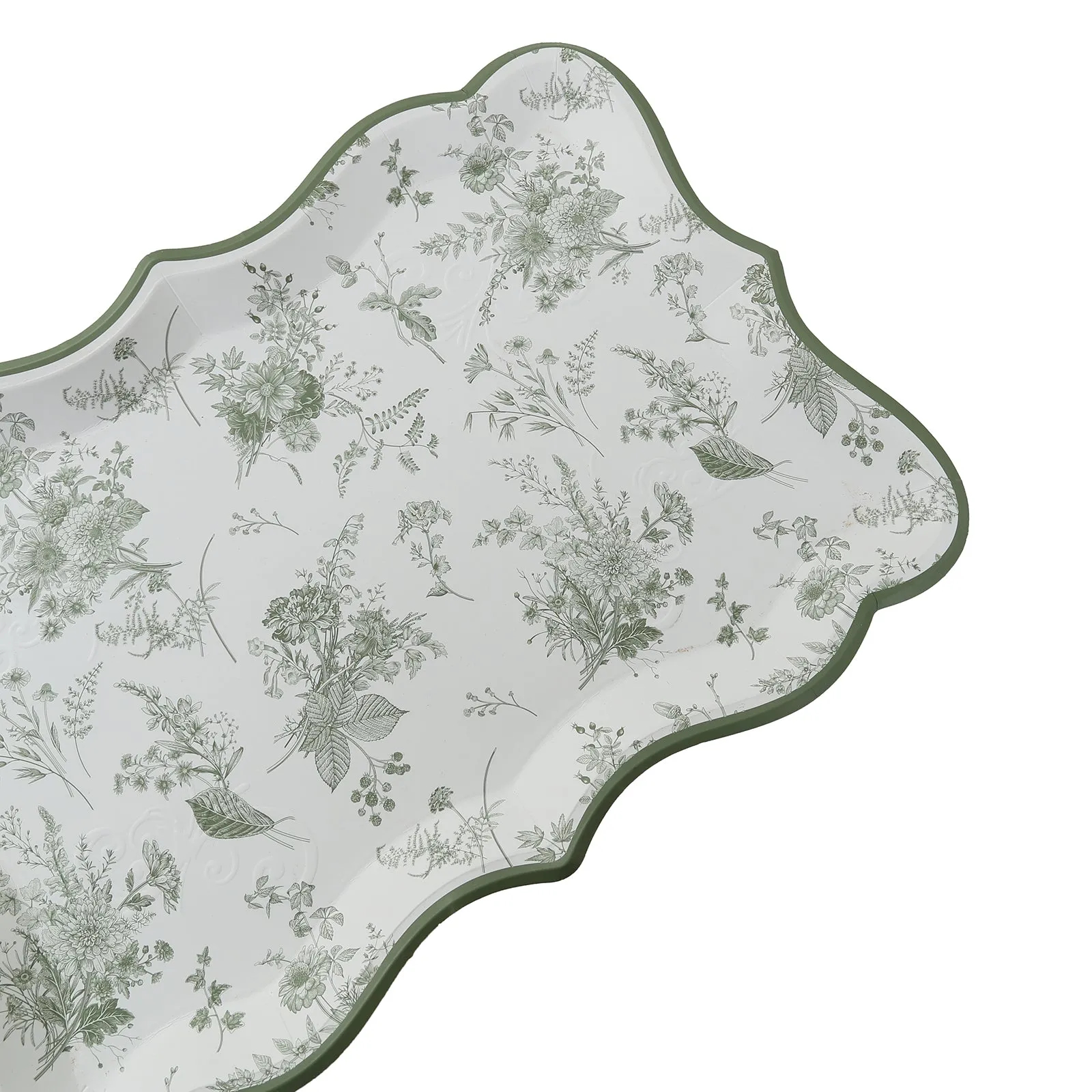10 Pack White Sage Green Paper Serving Trays with French Toile Pattern, 400 GSM Disposable Rectangular Party Platters - 14"x10"