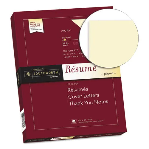 100% Cotton Resume Paper, 24 Lb, 8.5 X 11, Ivory, 100-pack