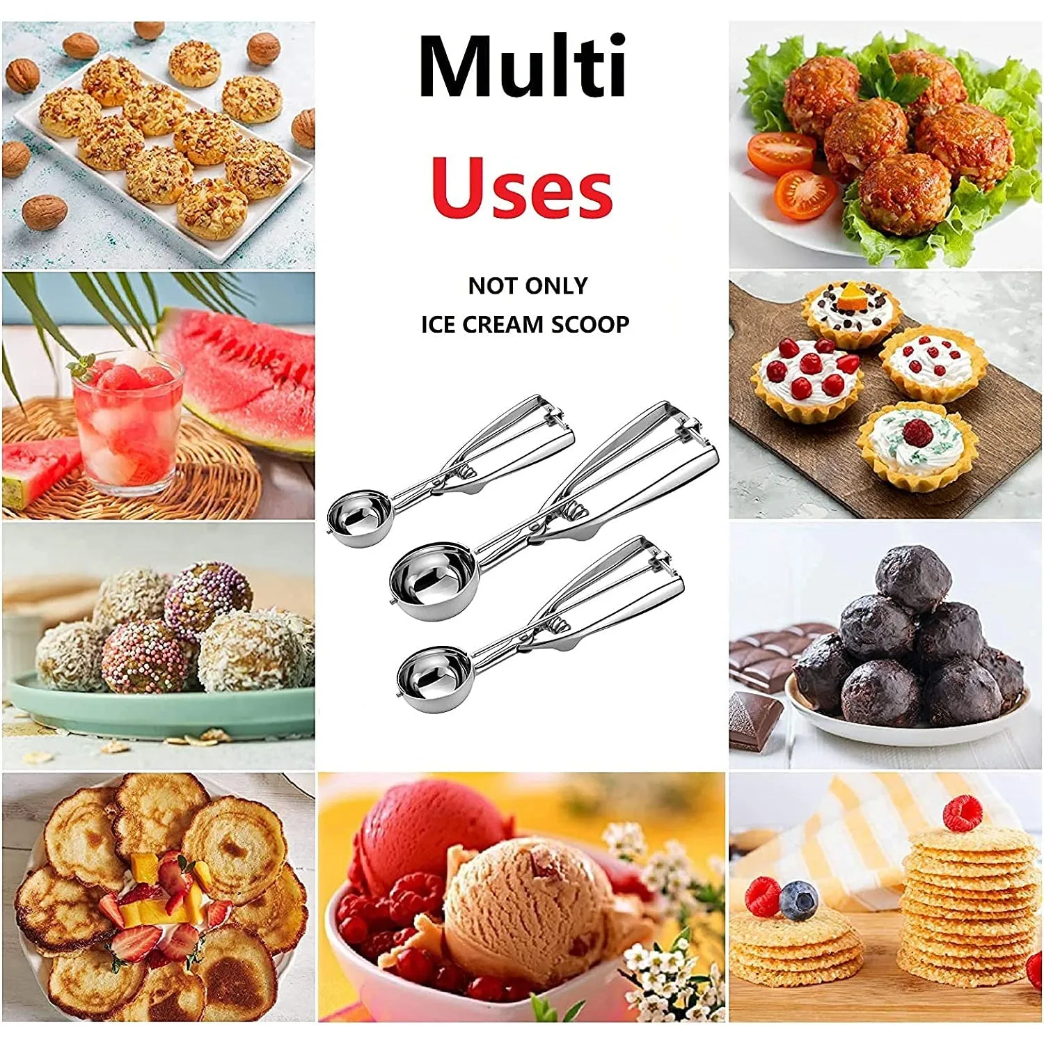 3-Pieces Set: Stainless Steel Cookie Scoops with Trigger Release