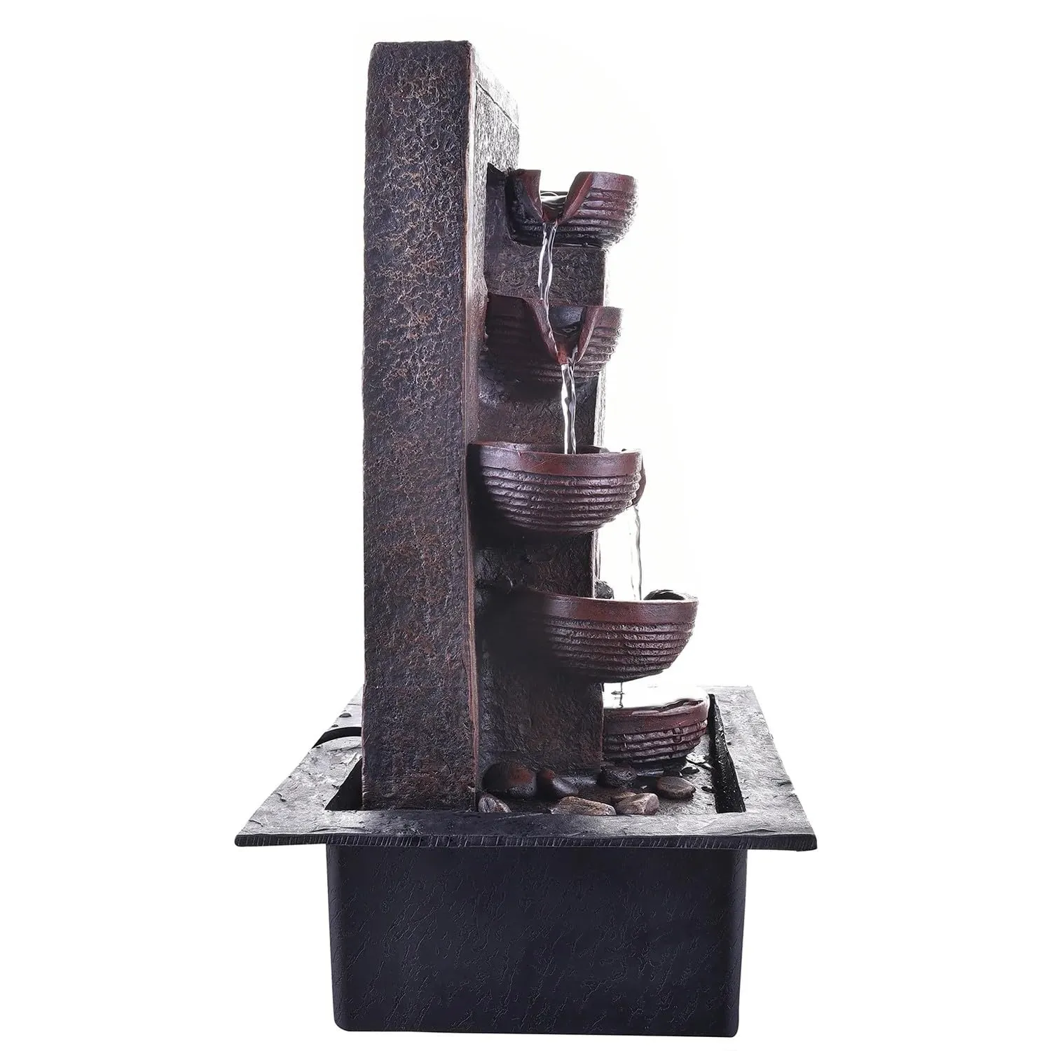 ANAVADYA Brown Polyresin Designer Table Top 4 Tier Waterfall Fountain Indoor Home Decor with Multicolour Lights and Water Flow Control Pump (Size: 40 x 29.5 x 22 CM)