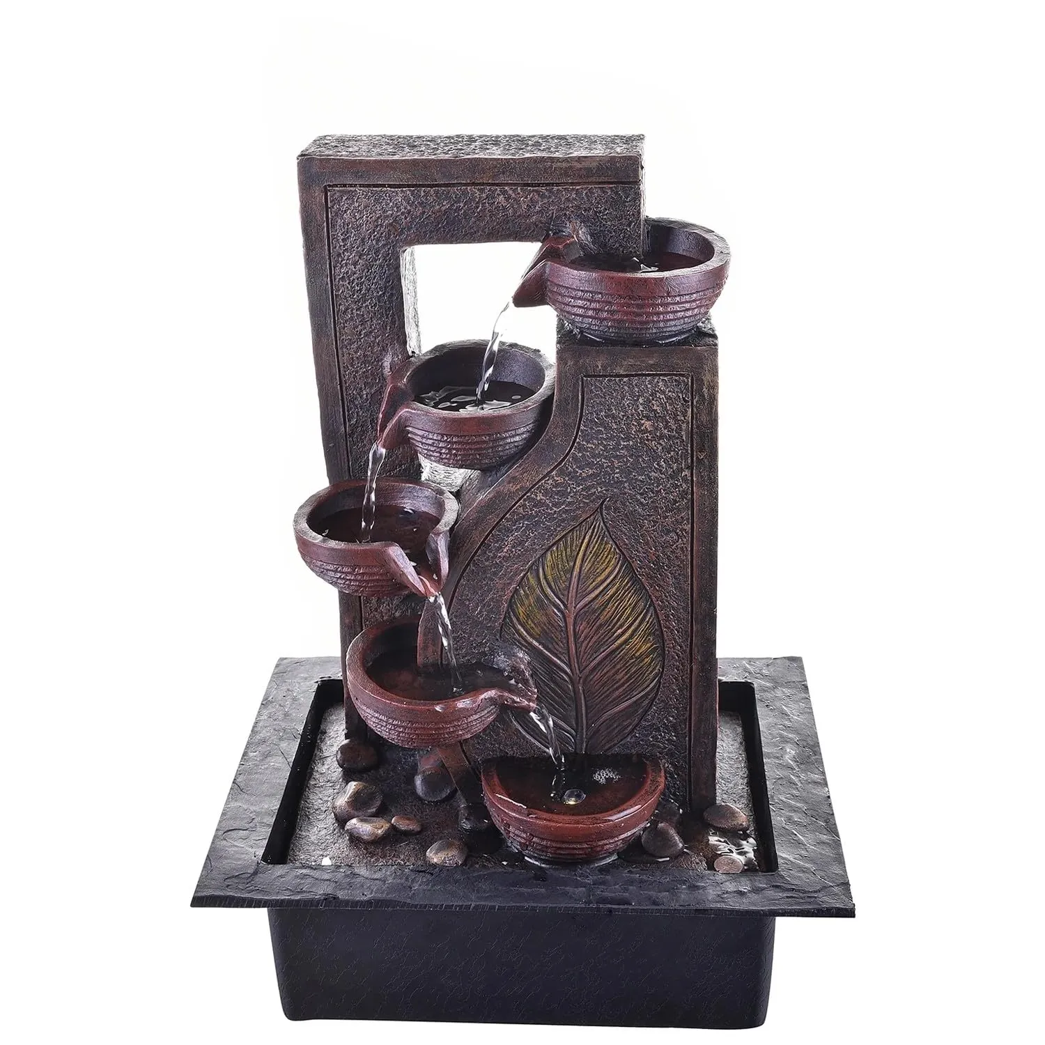 ANAVADYA Brown Polyresin Designer Table Top 4 Tier Waterfall Fountain Indoor Home Decor with Multicolour Lights and Water Flow Control Pump (Size: 40 x 29.5 x 22 CM)