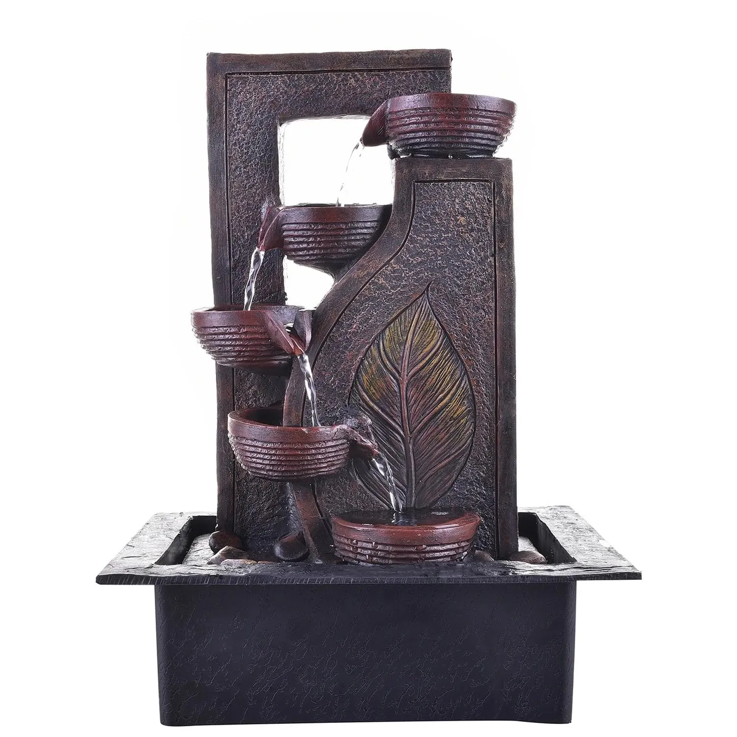 ANAVADYA Brown Polyresin Designer Table Top 4 Tier Waterfall Fountain Indoor Home Decor with Multicolour Lights and Water Flow Control Pump (Size: 40 x 29.5 x 22 CM)