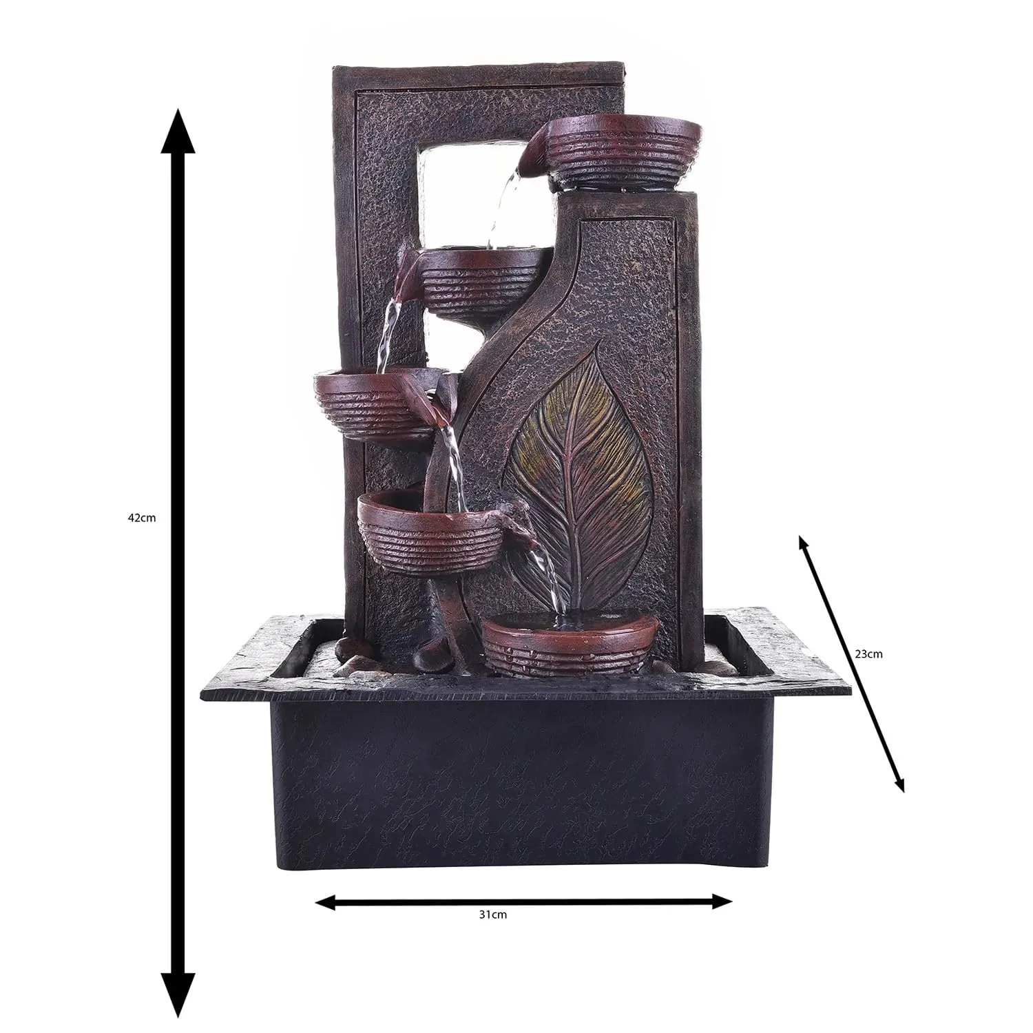 ANAVADYA Brown Polyresin Designer Table Top 4 Tier Waterfall Fountain Indoor Home Decor with Multicolour Lights and Water Flow Control Pump (Size: 40 x 29.5 x 22 CM)