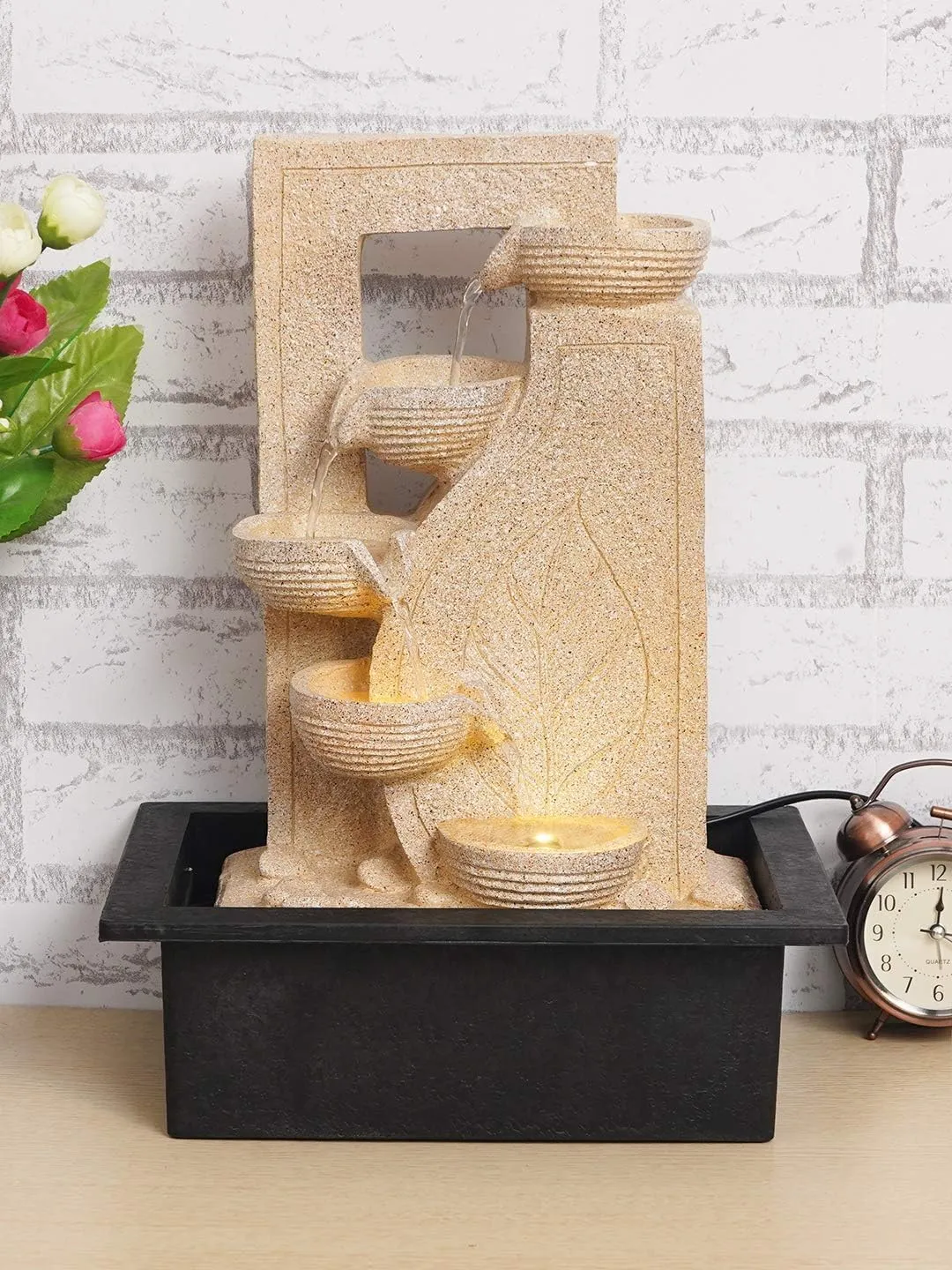 ANAVADYA Cream Polyresin Designer Table Top 4 Tier Waterfall Fountain Indoor Home Decor with Multicolour Lights and Water Flow Control Pump (Size: 40 x 29.5 x 22 CM)