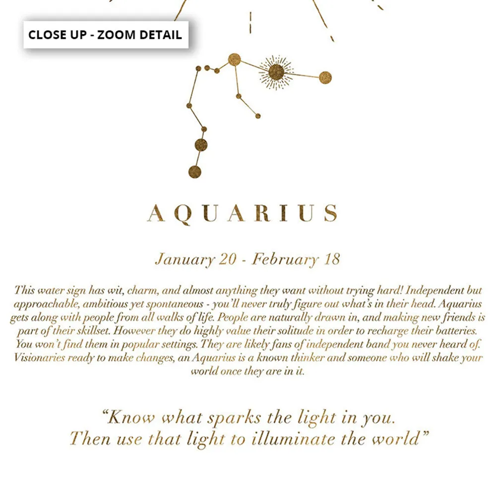 Aquarius Star Sign | Celestial Boho (faux look foil) - Art Print
