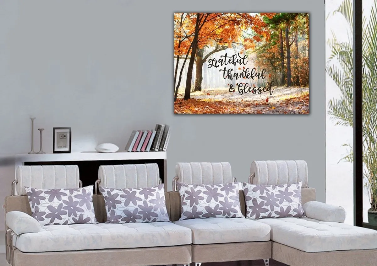 Autumn Leaves Thankful, Grateful & Blessed Wall Decor - Christian Canvas Wall Art