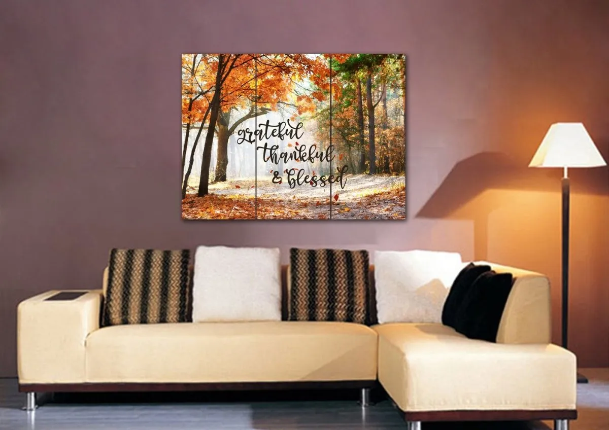 Autumn Leaves Thankful, Grateful & Blessed Wall Decor - Christian Canvas Wall Art