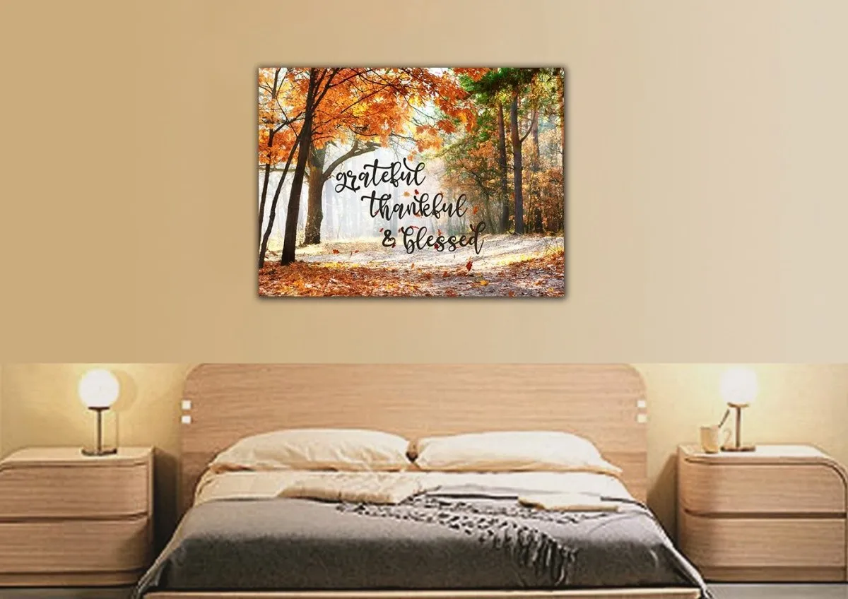 Autumn Leaves Thankful, Grateful & Blessed Wall Decor - Christian Canvas Wall Art
