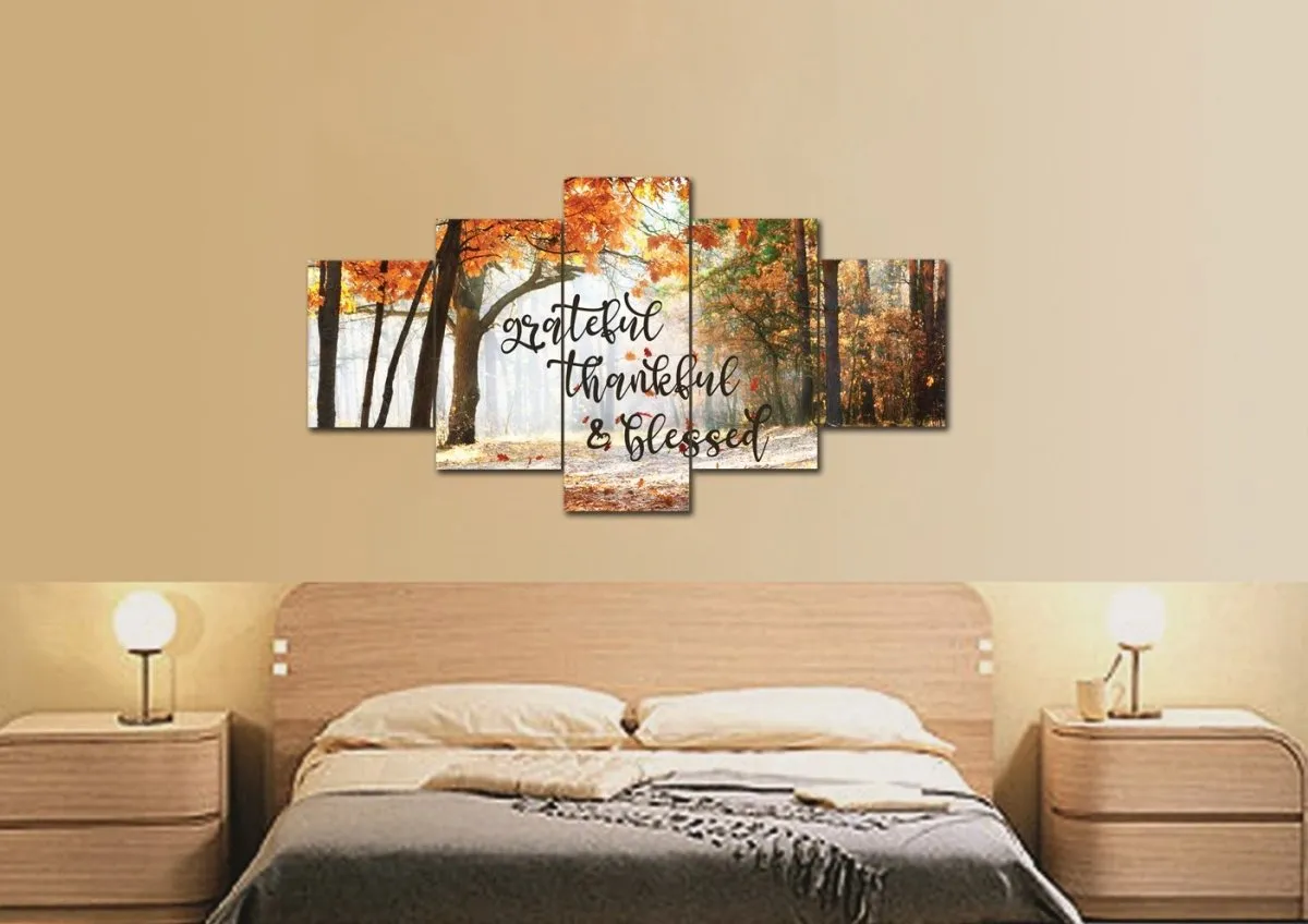 Autumn Leaves Thankful, Grateful & Blessed Wall Decor - Christian Canvas Wall Art