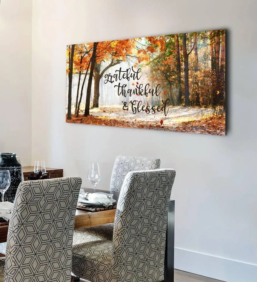 Autumn Leaves Thankful, Grateful & Blessed Wall Decor - Christian Canvas Wall Art