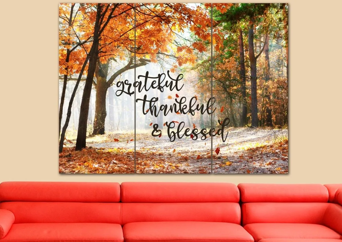 Autumn Leaves Thankful, Grateful & Blessed Wall Decor - Christian Canvas Wall Art