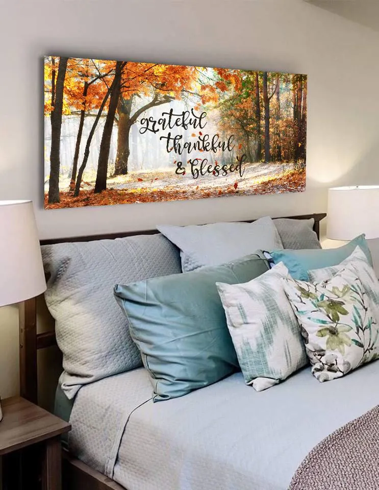 Autumn Leaves Thankful, Grateful & Blessed Wall Decor - Christian Canvas Wall Art