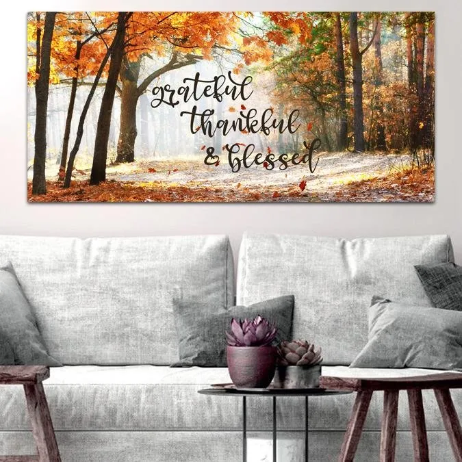 Autumn Leaves Thankful, Grateful & Blessed Wall Decor - Christian Canvas Wall Art
