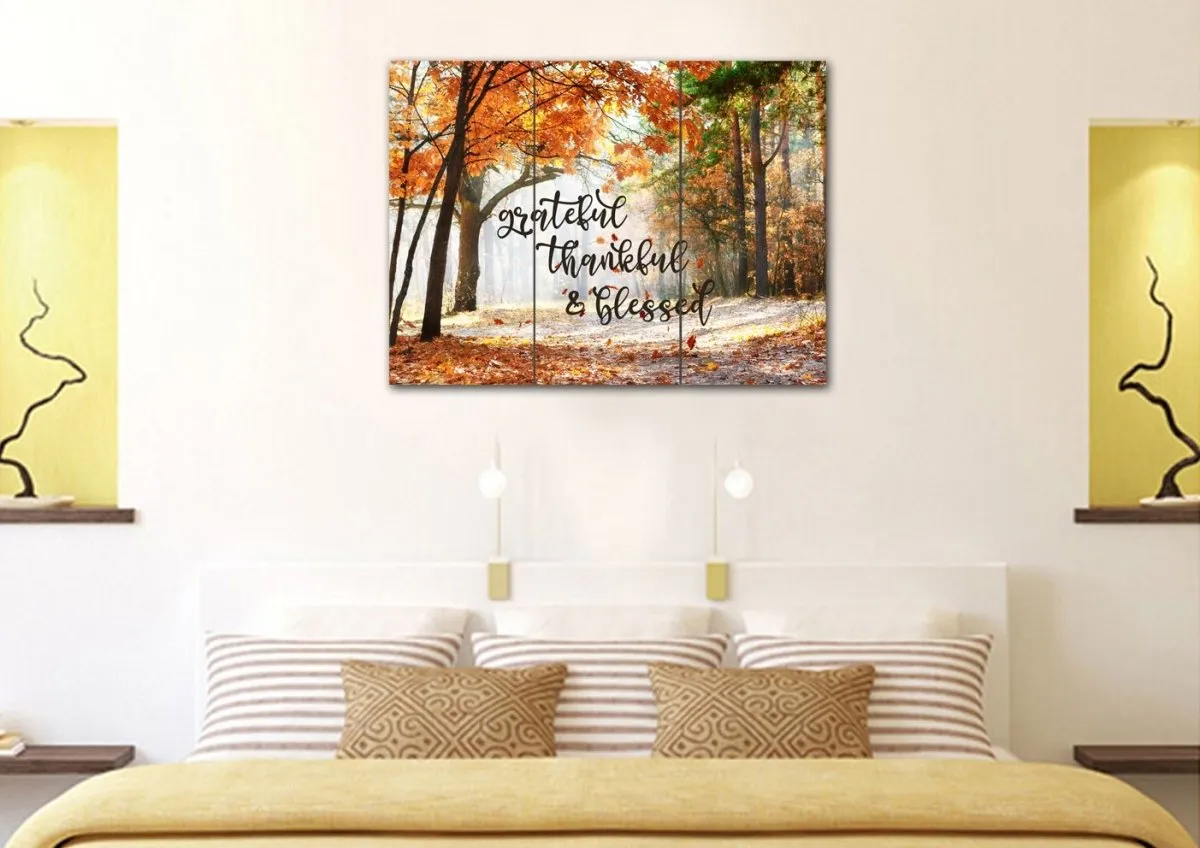 Autumn Leaves Thankful, Grateful & Blessed Wall Decor - Christian Canvas Wall Art