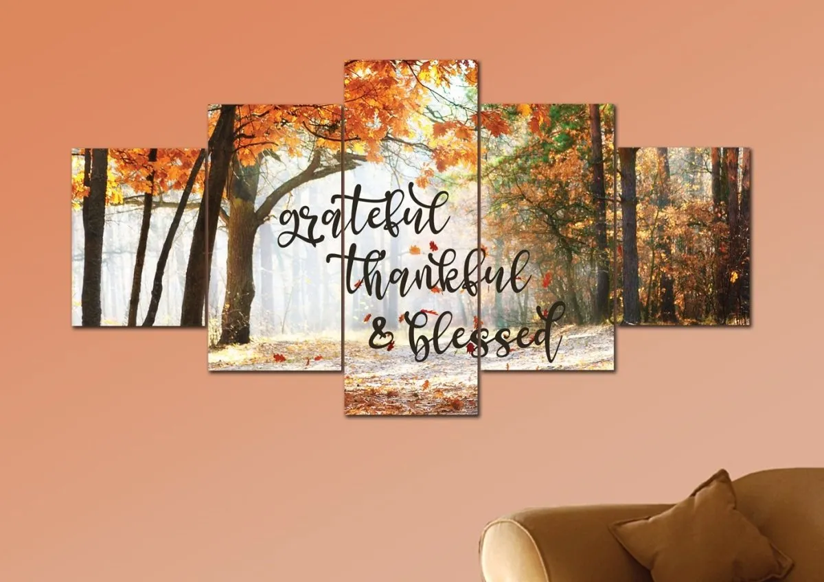 Autumn Leaves Thankful, Grateful & Blessed Wall Decor - Christian Canvas Wall Art