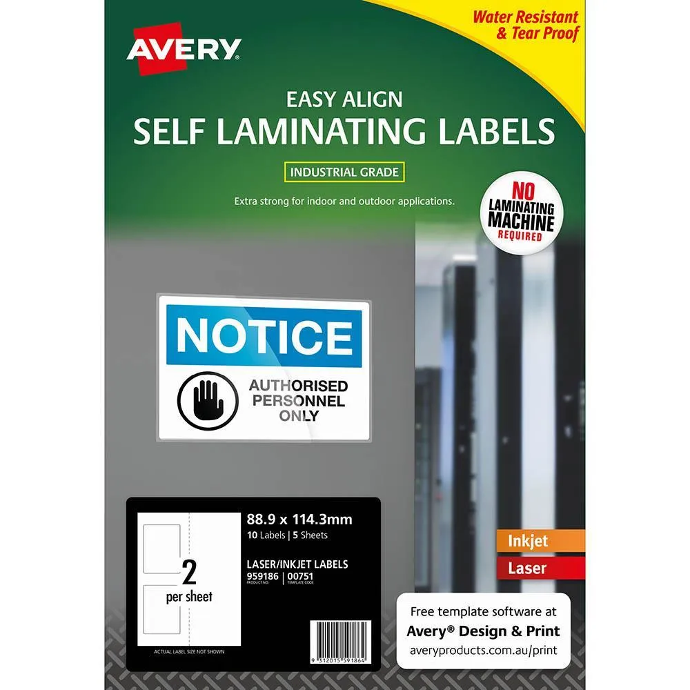 Avery 00751 Self Laminating Labels 2Up 88 X 114Mm Pack 5
