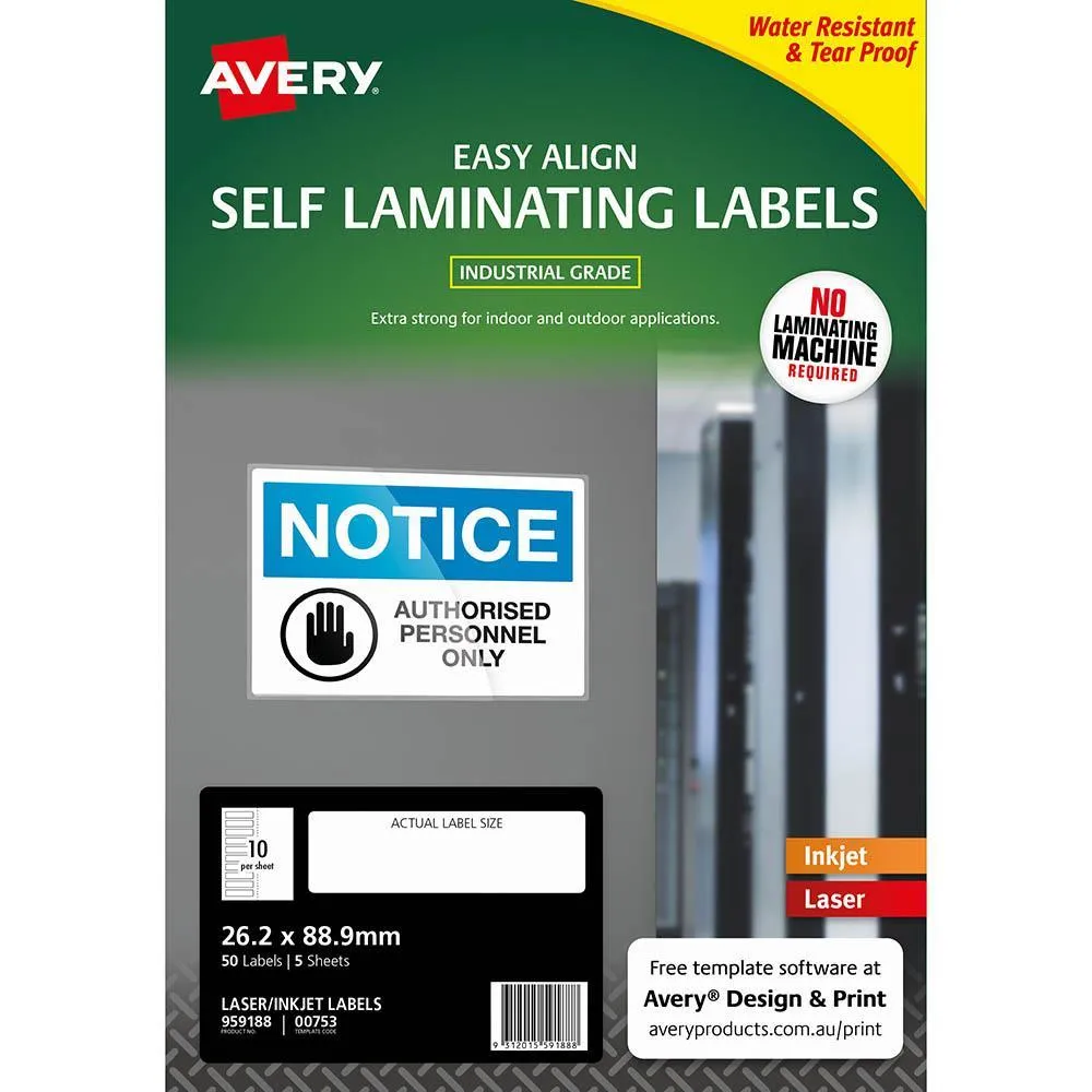 Avery 00753 Self Laminating Labels 10Up 26 X 88Mm Pack 5