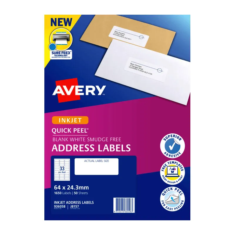 Avery 936058 J8157 Quick Peel Address Label Inkjet 33/Page White Pack 50 Sheets