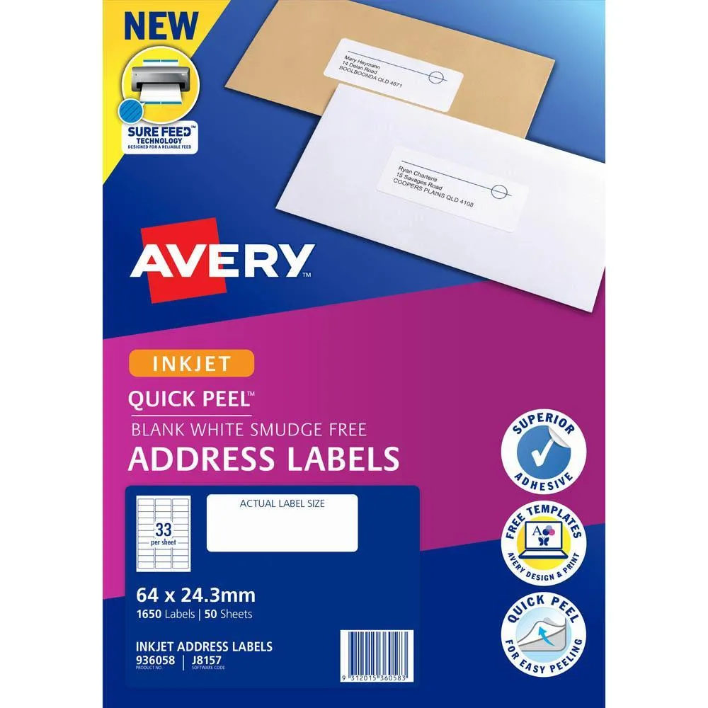 Avery 936058 J8157 Quick Peel Address Label Inkjet 33/Page White Pack 50 Sheets