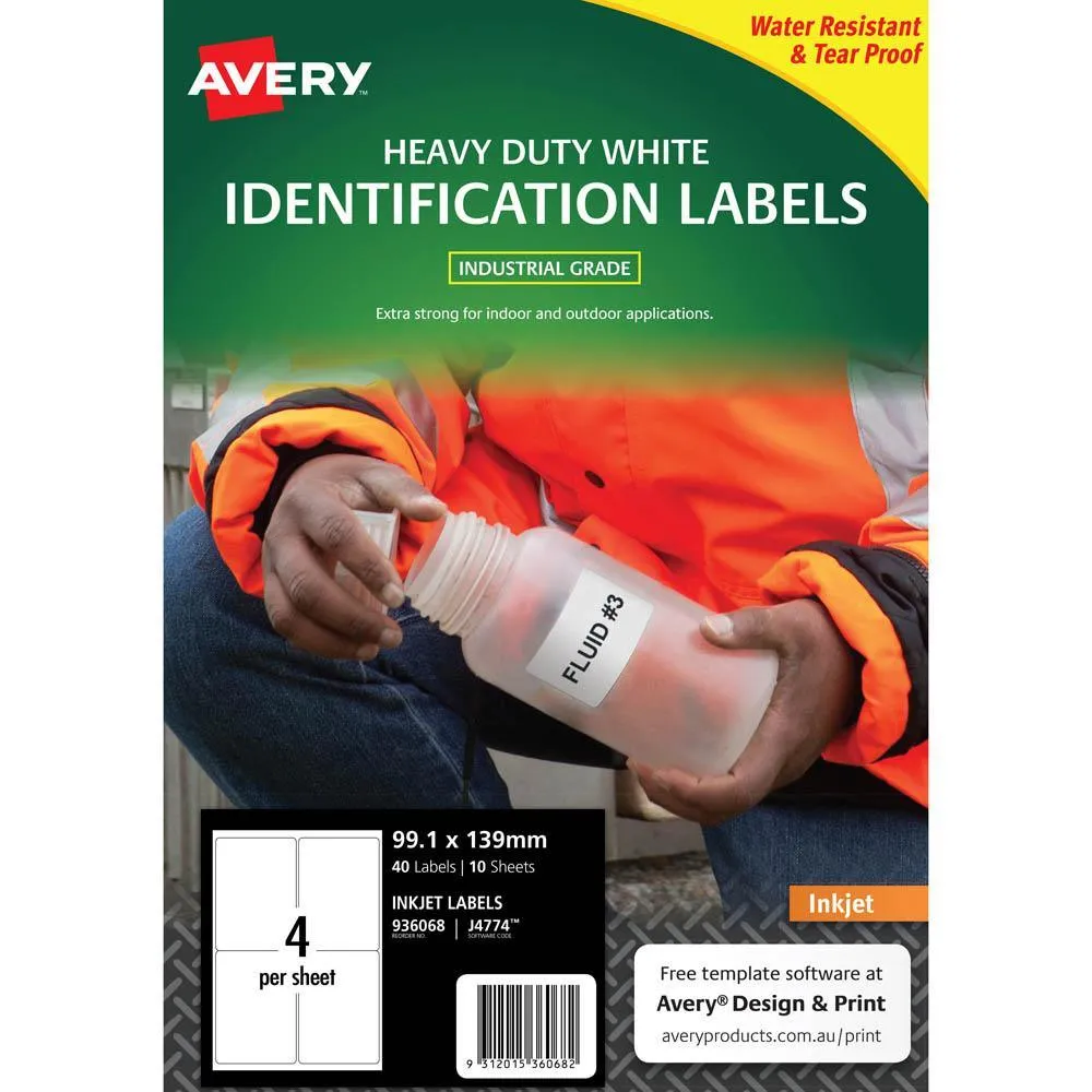 Avery 936068 J4774 Heavy Duty Inkjet Labels 4Up White Pack 10