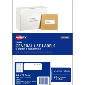 Avery 938200 L7157 General Use Laser Inkjet Copier Label 33Up White Pack 100