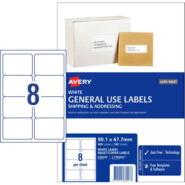Avery 938207 L7165 General Use Laser Inkjet Copier Label 8/Page White Pack 100 Sheets Pack 4