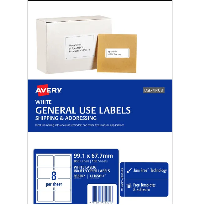 Avery 938207 L7165 General Use Laser Inkjet Copier Label 8/Page White Pack 100 Sheets Pack 4