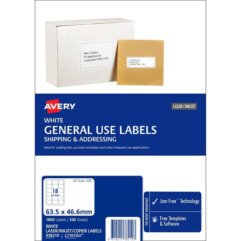 Avery 938210 L7161 General Use Laser Inkjet Copier Label 18Up White Pack 100