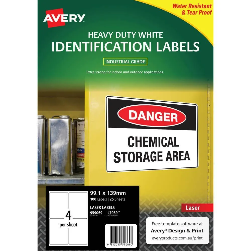 Avery 959069 L7069 Heavy Duty Laser Labels White 4Up Pack 25
