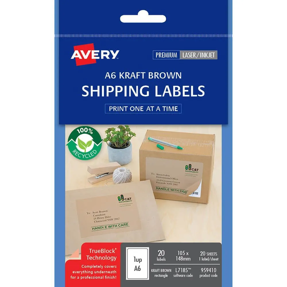 Avery 959410 L7185 100% Recycled Shipping Label A6 105 X 148Mm Kraft Brown Pack 20